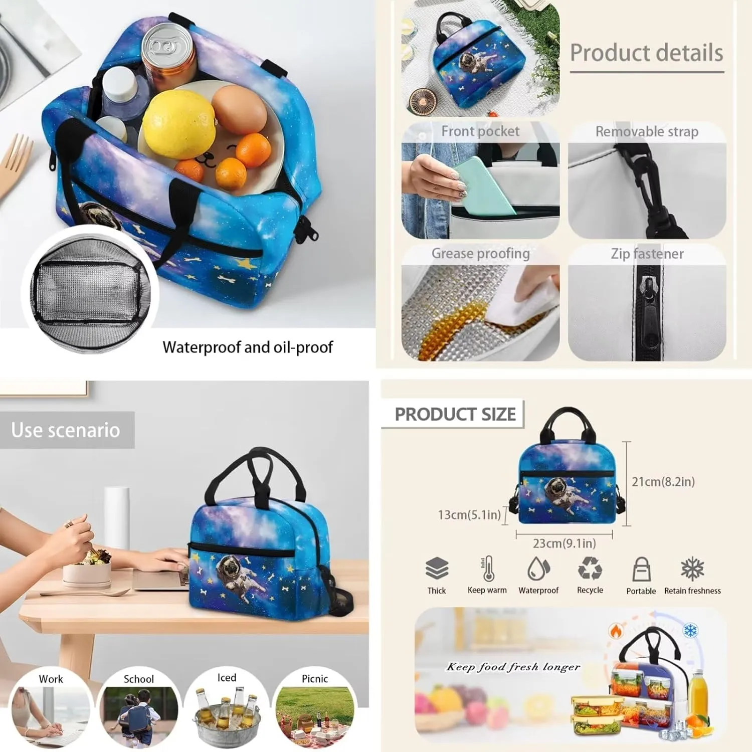 Kids' Backpacks 3 PCS School-Bag Funny Astronaut Pug Dog Backpack with Lunch Bag Pencil Case Set Backpack Travel Daypack Satchel with Adjustable Strap Blue
