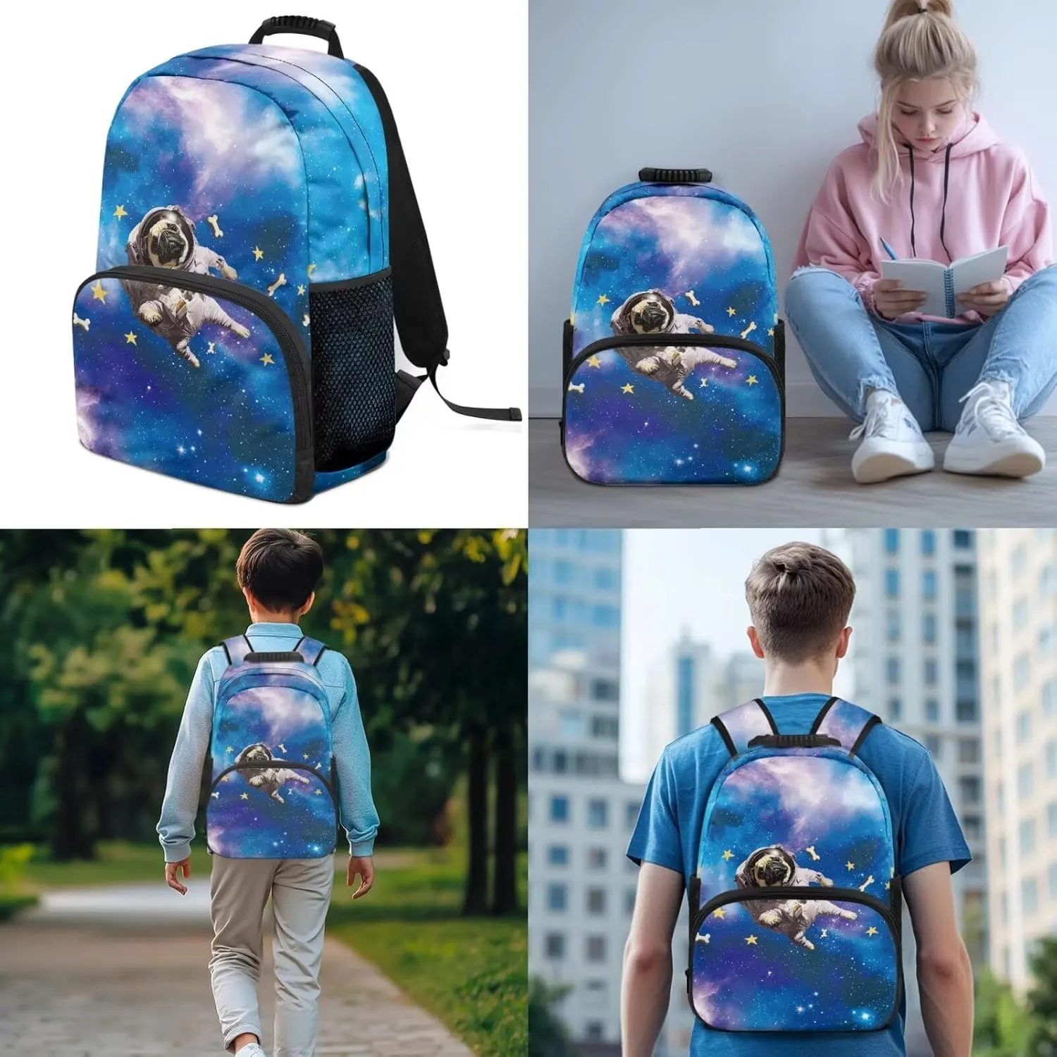 Kids' Backpacks 3 PCS School-Bag Funny Astronaut Pug Dog Backpack with Lunch Bag Pencil Case Set Backpack Travel Daypack Satchel with Adjustable Strap Blue