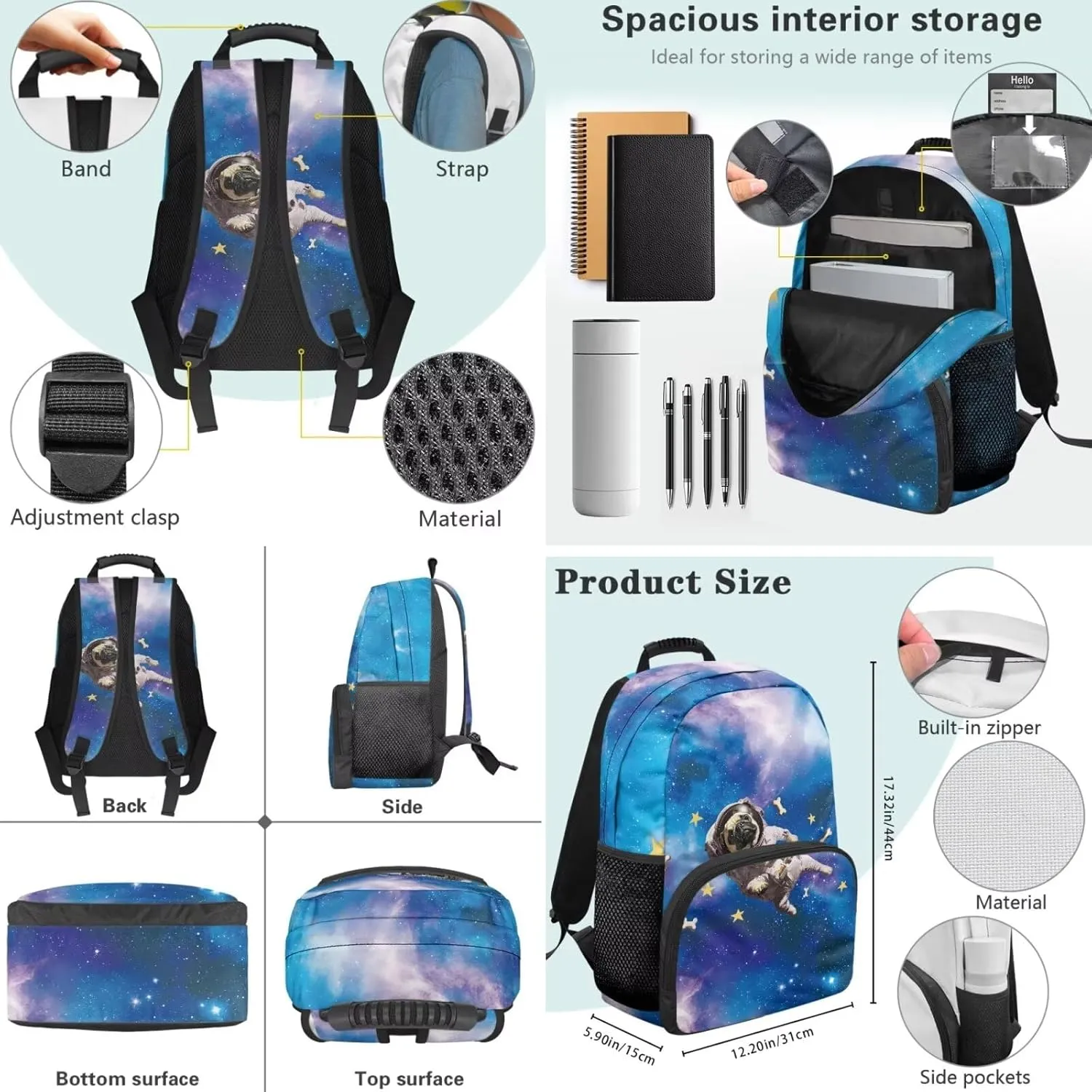 Kids' Backpacks 3 PCS School-Bag Funny Astronaut Pug Dog Backpack with Lunch Bag Pencil Case Set Backpack Travel Daypack Satchel with Adjustable Strap Blue