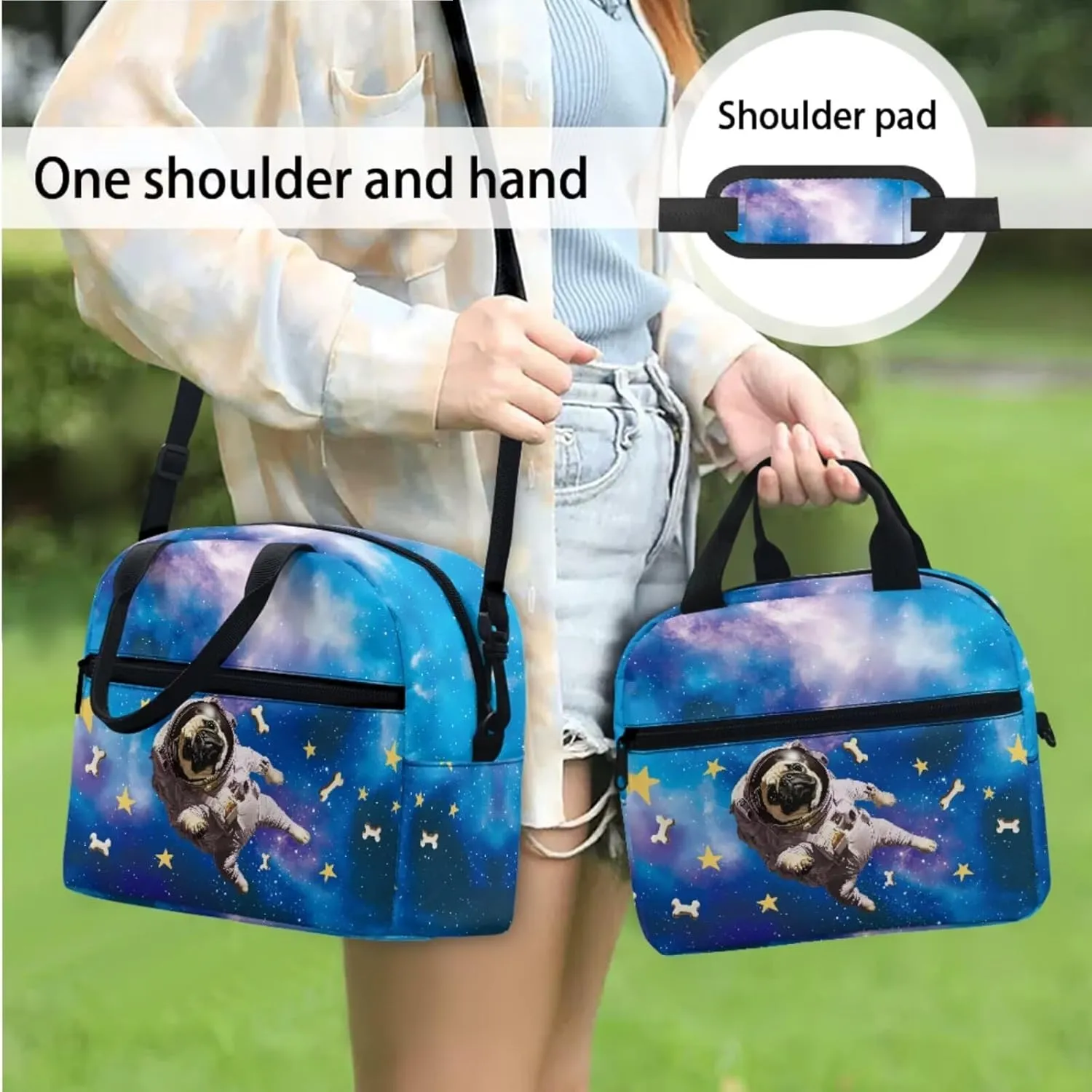 Kids' Backpacks 3 PCS School-Bag Funny Astronaut Pug Dog Backpack with Lunch Bag Pencil Case Set Backpack Travel Daypack Satchel with Adjustable Strap Blue