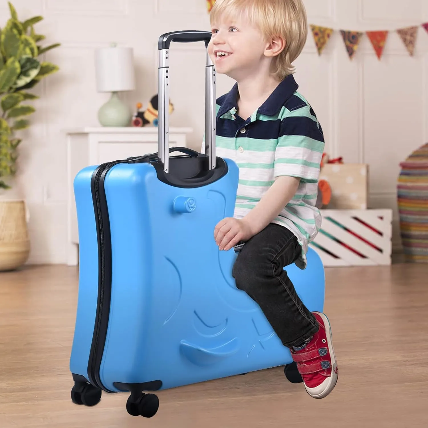Kids Ride On Suitcase, 24 Inches Travel Luggage Trolley Suitcase With Spinner Wheels, Lightweight Kid Luggage With Combination Lock, Safety Belt, Telescoping Handle