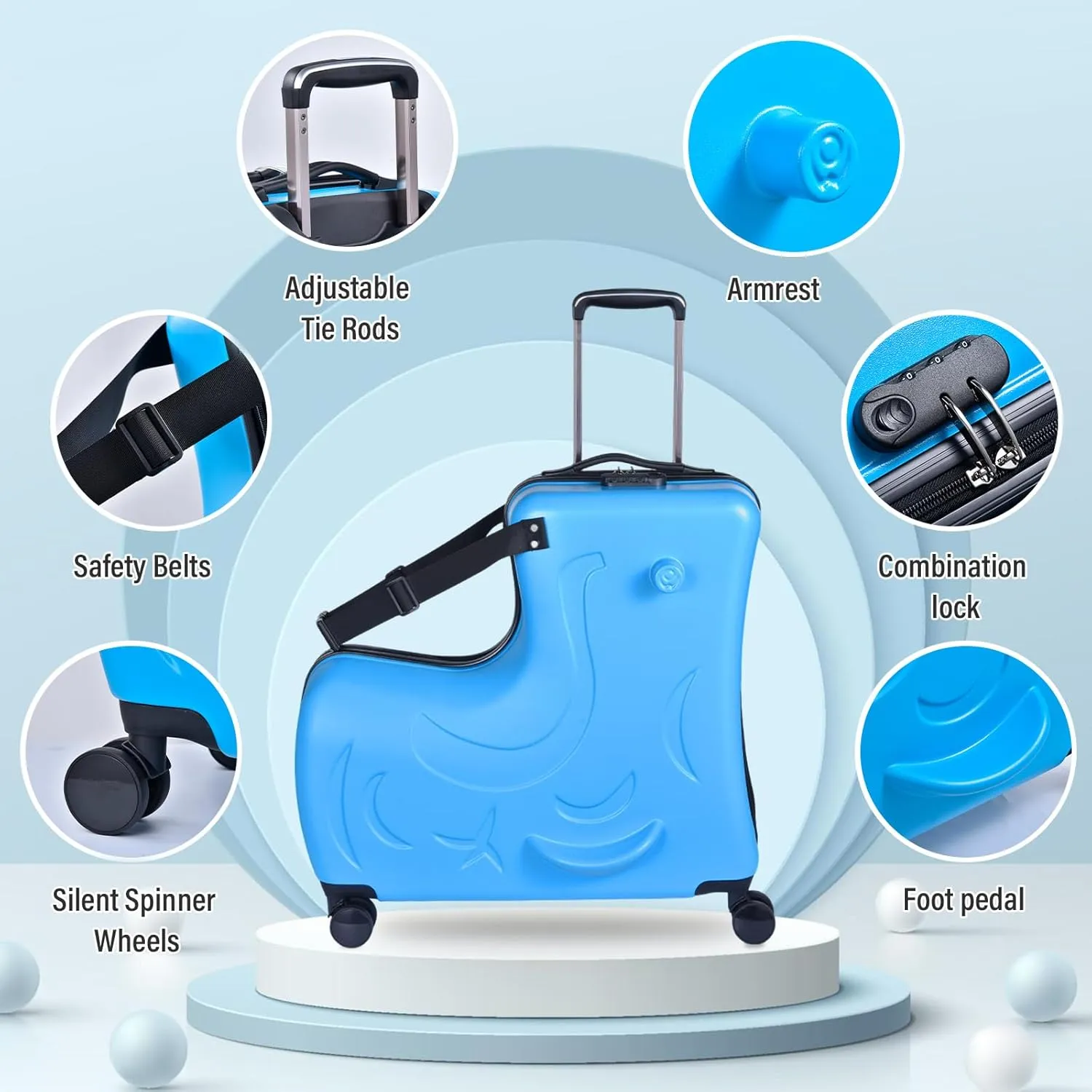 Kids Ride On Suitcase, 24 Inches Travel Luggage Trolley Suitcase With Spinner Wheels, Lightweight Kid Luggage With Combination Lock, Safety Belt, Telescoping Handle