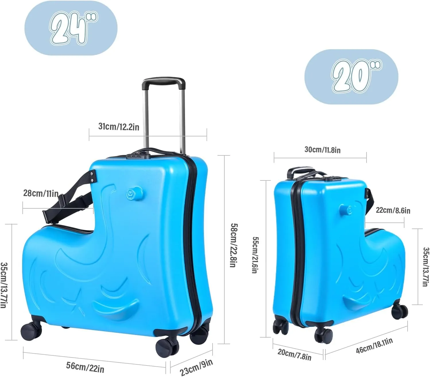 Kids Ride On Suitcase, 24 Inches Travel Luggage Trolley Suitcase With Spinner Wheels, Lightweight Kid Luggage With Combination Lock, Safety Belt, Telescoping Handle