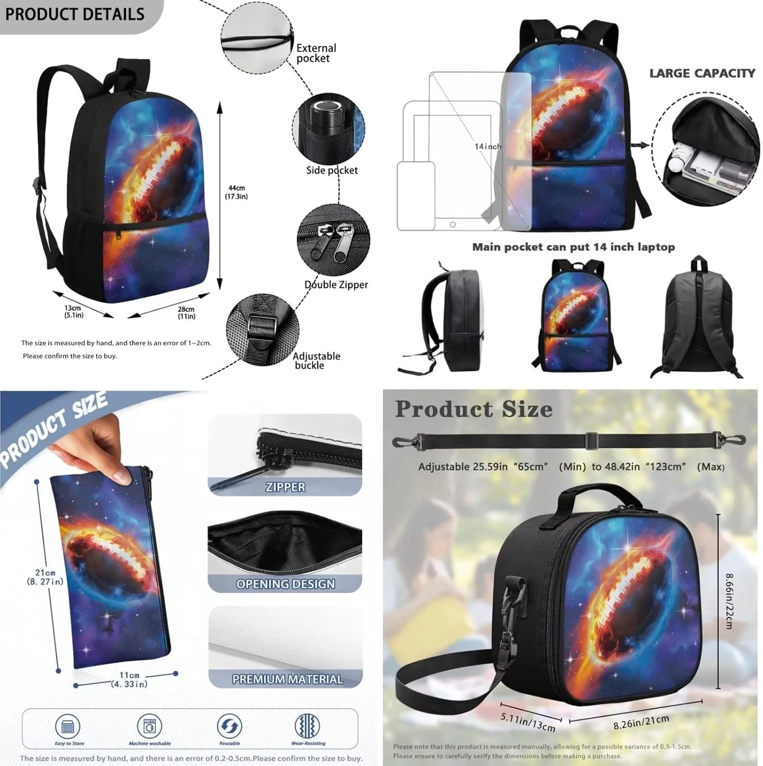 Kids School Backpack for Boys Cool Rugby Print Backpacks School Bag and Lunch Bag Pencil Case Bag 3 Pieces Set Kindergarten Elementary School Bag