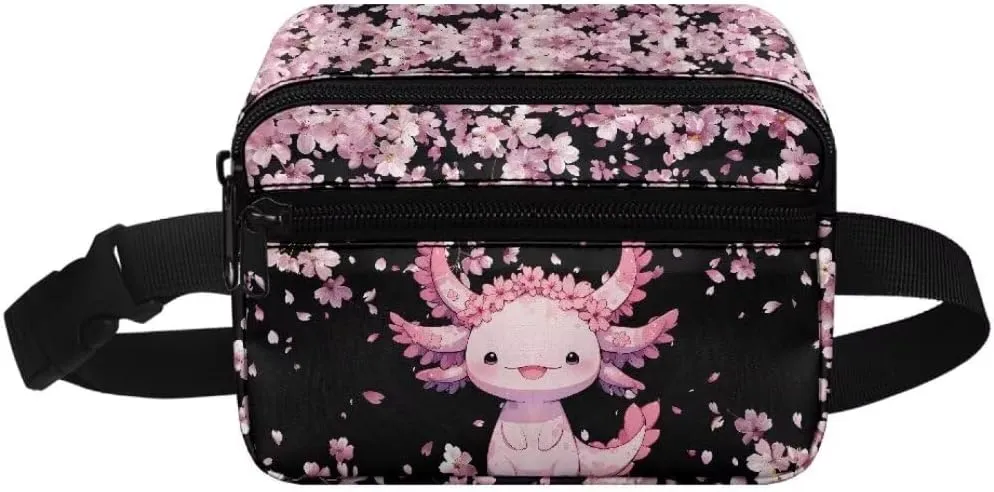 Kuiaobaty Axolotl Pattern Mini Fanny Pack for Kids Waist Bag for Travel Large Capacity Belt Bag with Zipper Portable Crossbody Bag with Pockets Bum Bag for Camping Gift for Daughter