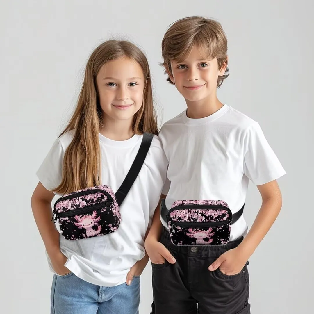 Kuiaobaty Axolotl Pattern Mini Fanny Pack for Kids Waist Bag for Travel Large Capacity Belt Bag with Zipper Portable Crossbody Bag with Pockets Bum Bag for Camping Gift for Daughter