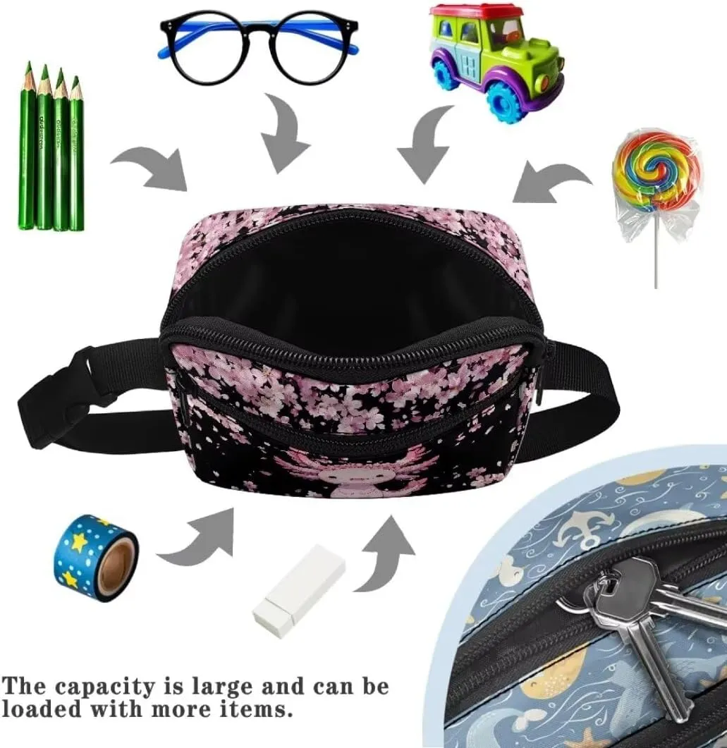 Kuiaobaty Axolotl Pattern Mini Fanny Pack for Kids Waist Bag for Travel Large Capacity Belt Bag with Zipper Portable Crossbody Bag with Pockets Bum Bag for Camping Gift for Daughter