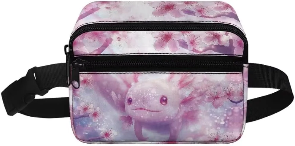 Kuiaobaty Axolotl Print Mini Belt Bag for Kids Crossbody Bags for School Cartoon Waist Pack with Zipper Large Capacity Fanny Pack for Sports Casual Sling Bag for Sports Gift for Sister