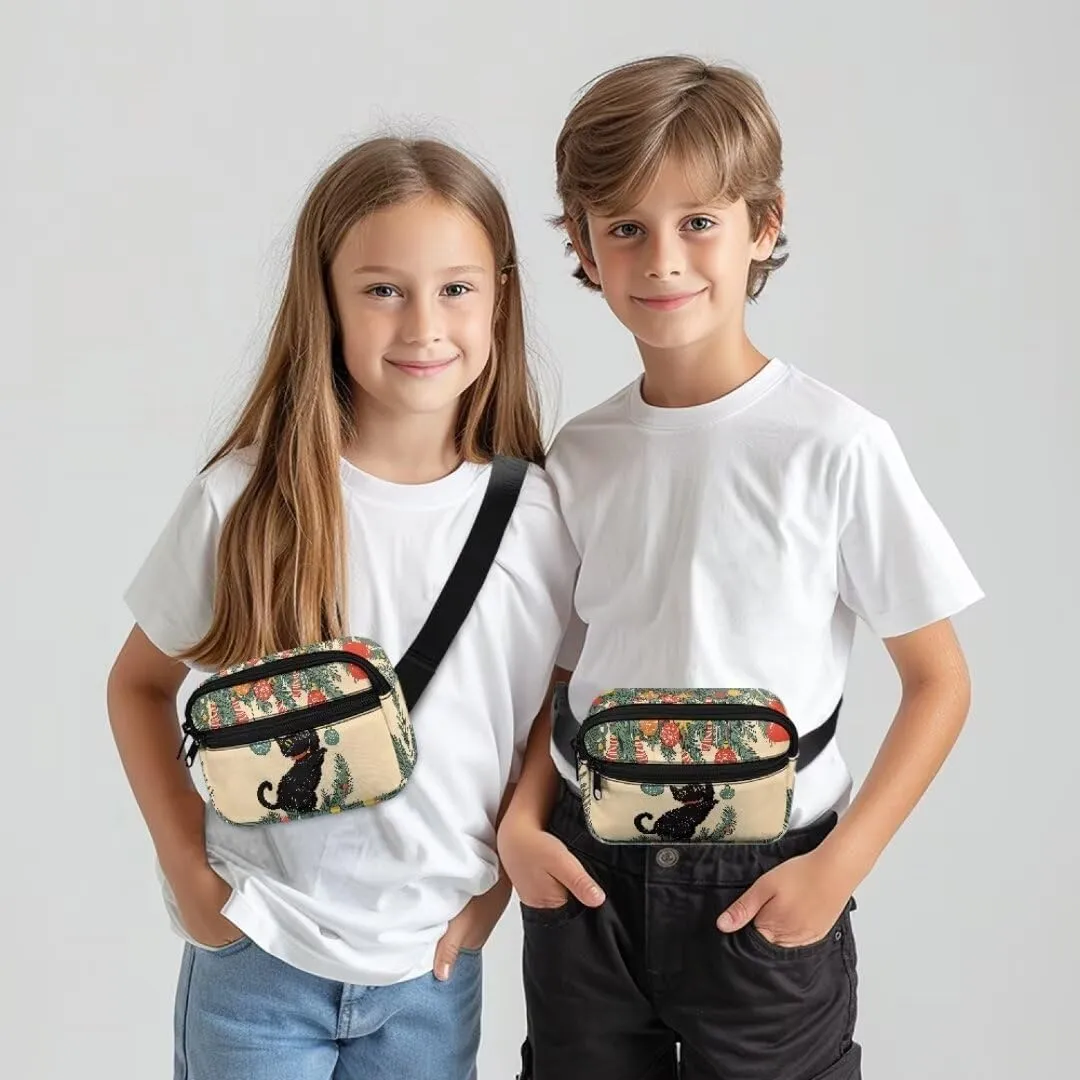 Kuiaobaty Black Cat Waist Bag for Teens Mini Belt Bag for Hiking Cartoon Fanny Pack with Pockets Crossbody Bag for Toddler Bum Bag for Travel Portable Sling Bag Gift for Christmas
