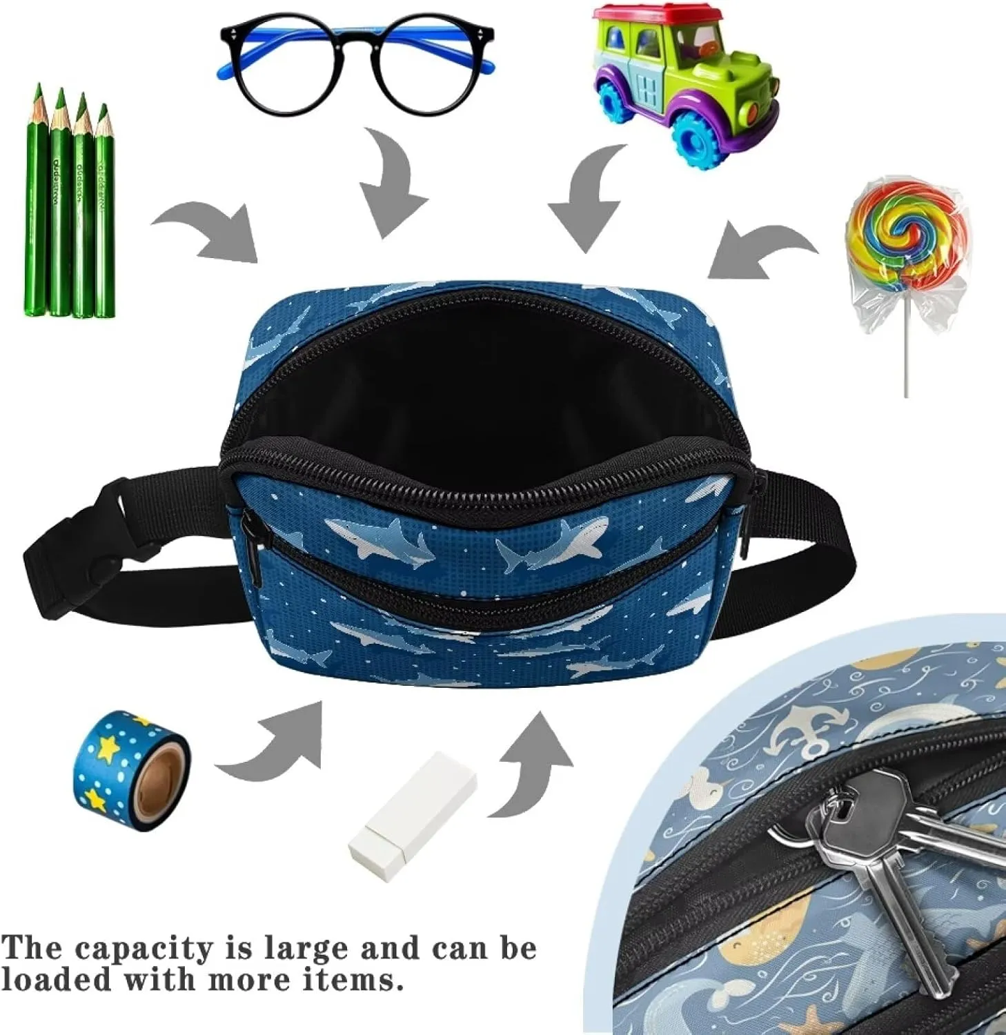 Kuiaobaty Cartoon Sharks Waist Bag for Boys Lightweight Adjustable Fanny Pack Bum Bag Travel Pouch for Travel Sports School Gifts for Boys