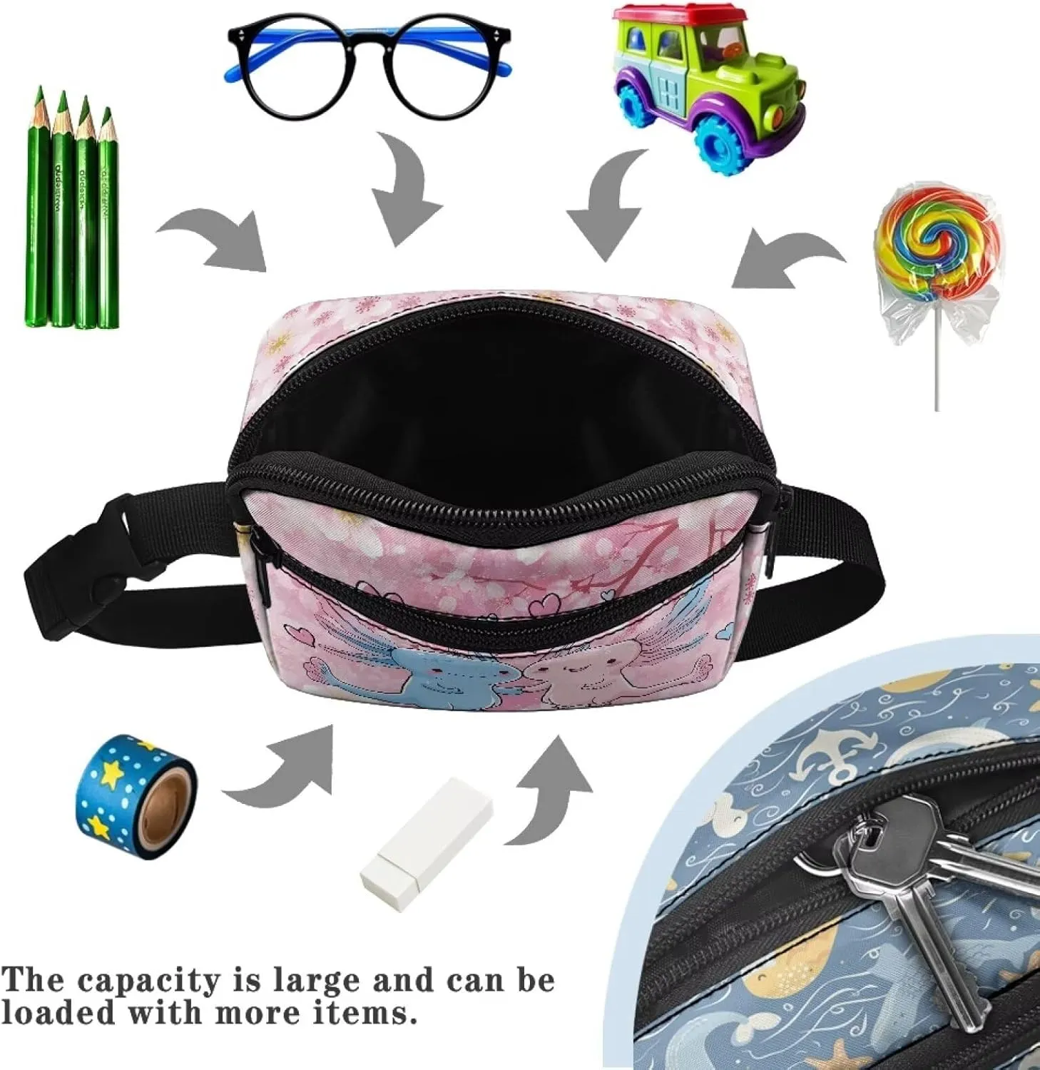 Kuiaobaty Cute Axolotl Fanny Pack for Kids 4-6 Pink Cherry Blossom Waist Bag for Travel Belt Bag for Hiking Portable Chest Bag with Pockets Casual Sling Bag for Sports