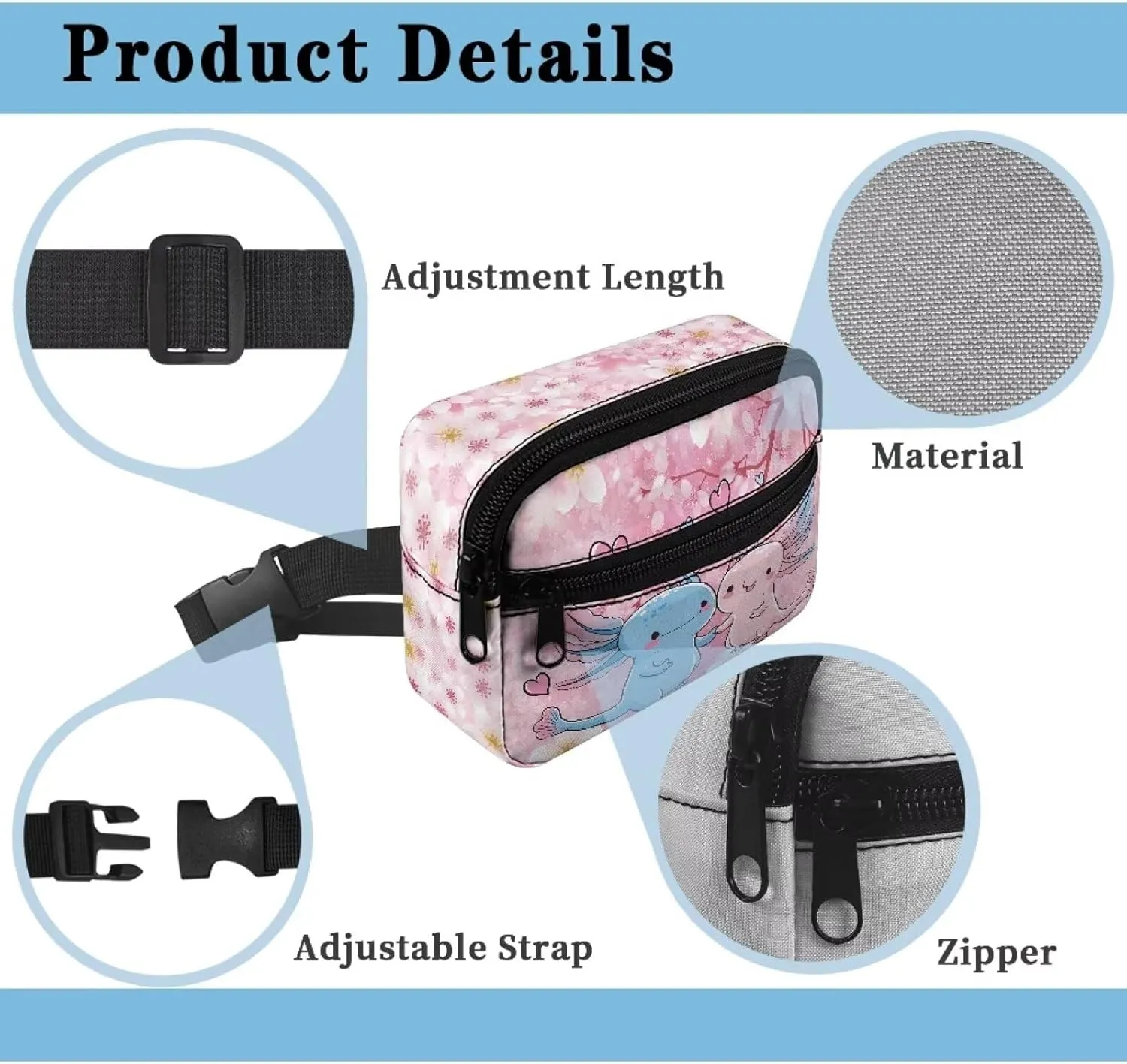 Kuiaobaty Cute Axolotl Fanny Pack for Kids 4-6 Pink Cherry Blossom Waist Bag for Travel Belt Bag for Hiking Portable Chest Bag with Pockets Casual Sling Bag for Sports