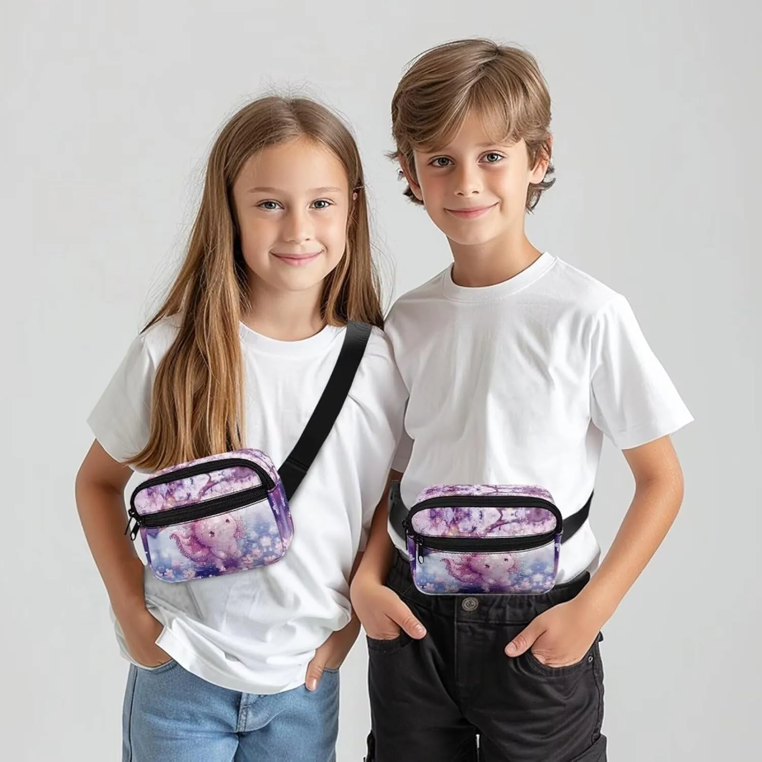 Kuiaobaty Cute Axolotl Waist Bag for Kids Cherry Blossom Crossbody Bag with Pockets Stylish Mini Belt Bag Lightweight Fanny Pack for Travel Casual