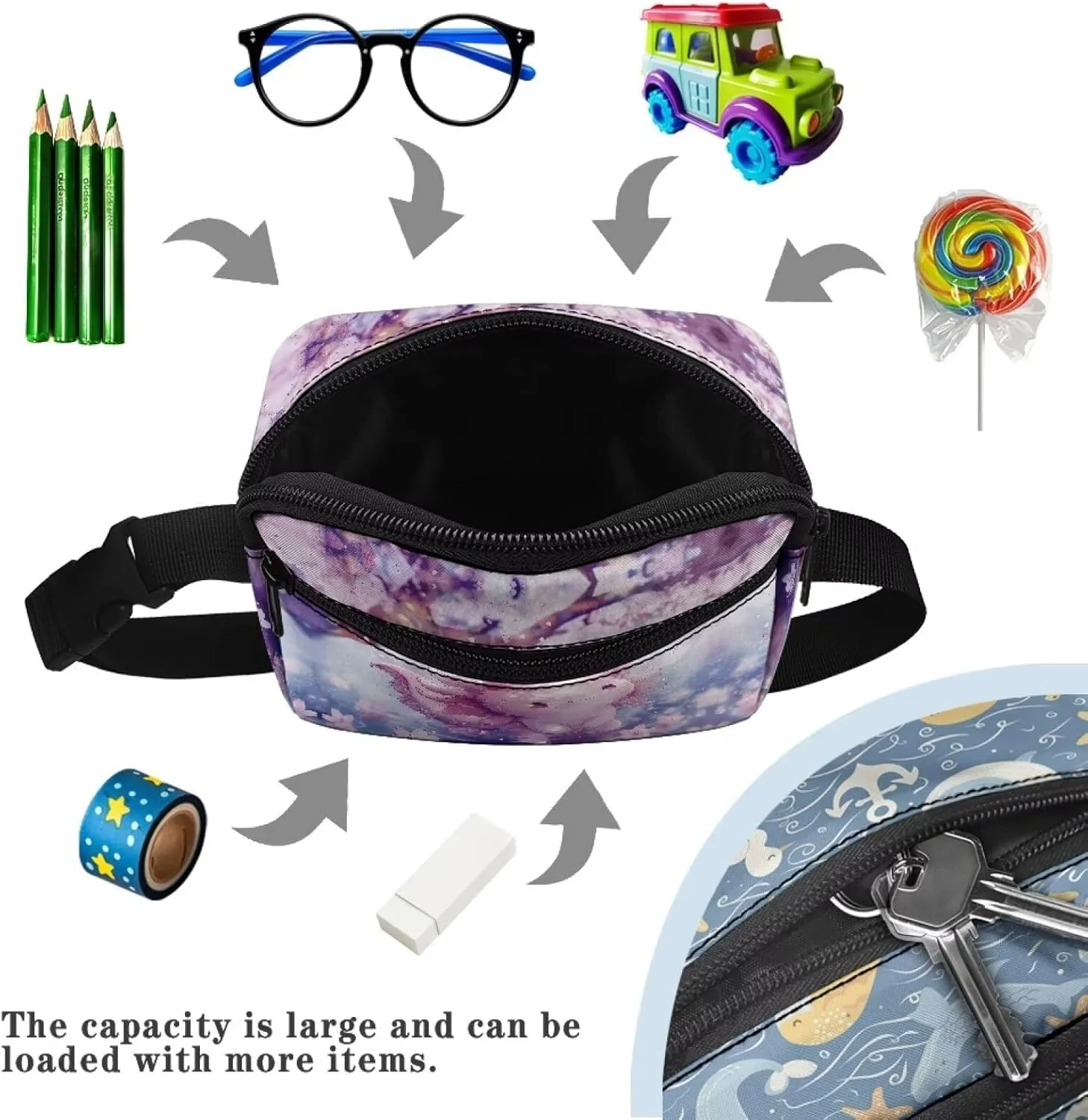 Kuiaobaty Cute Axolotl Waist Bag for Kids Cherry Blossom Crossbody Bag with Pockets Stylish Mini Belt Bag Lightweight Fanny Pack for Travel Casual