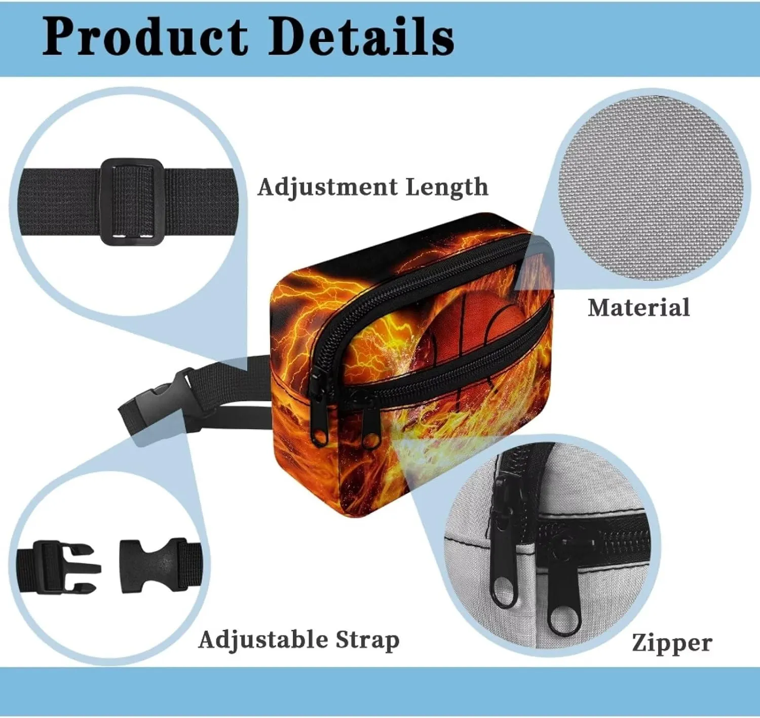 Kuiaobaty Fanny Pack for Kids Boys Flame Basketball Design Waist Bag Mini Belt Bag for Hiking Running Casual Travel