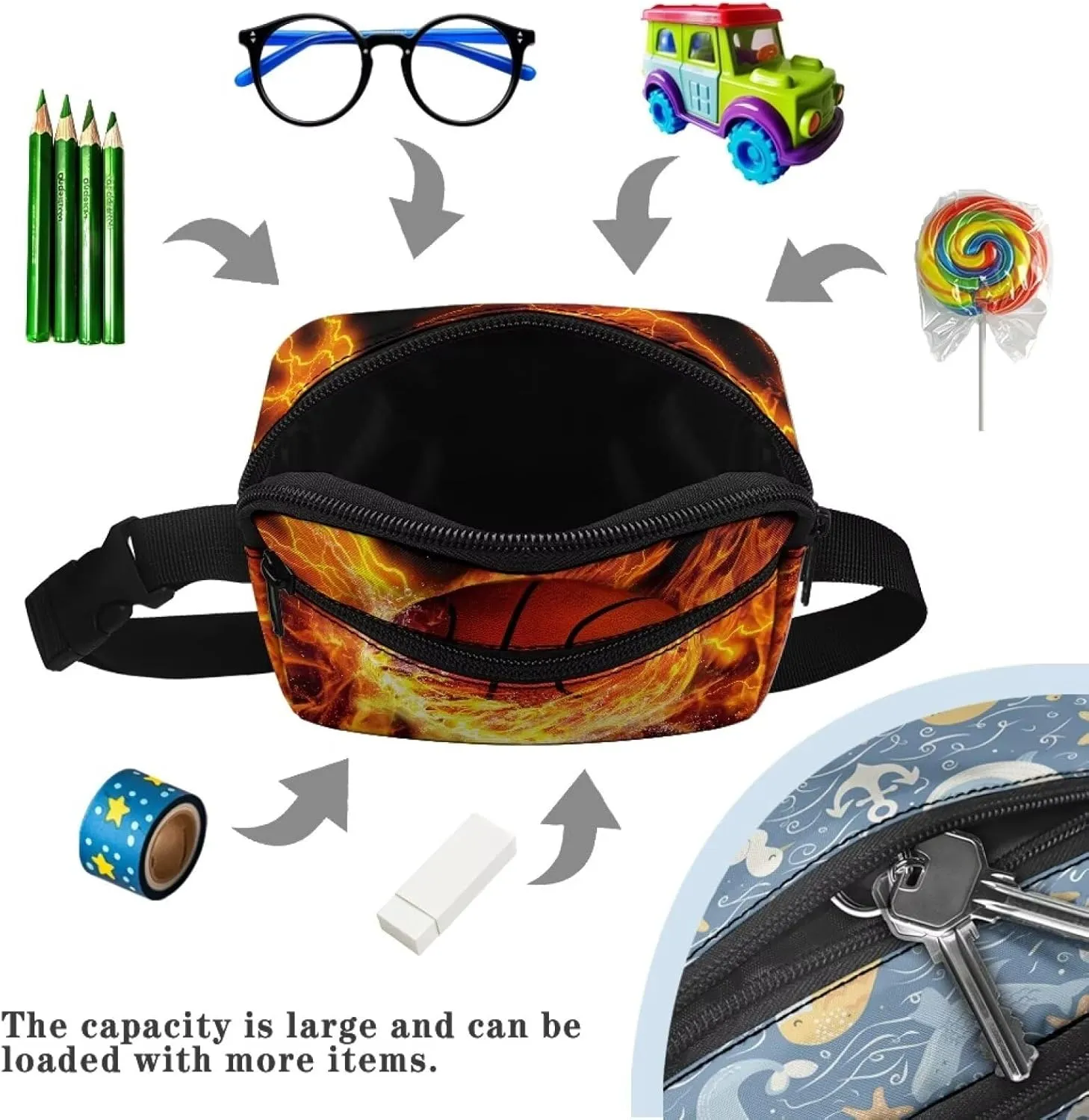Kuiaobaty Fanny Pack for Kids Boys Flame Basketball Design Waist Bag Mini Belt Bag for Hiking Running Casual Travel