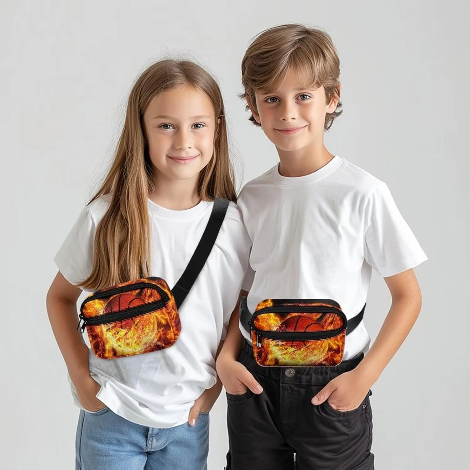 Kuiaobaty Fanny Pack for Kids Boys Flame Basketball Design Waist Bag Mini Belt Bag for Hiking Running Casual Travel