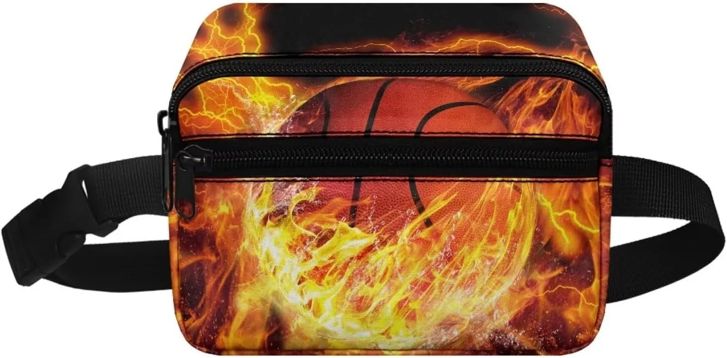 Kuiaobaty Fanny Pack for Kids Boys Flame Basketball Design Waist Bag Mini Belt Bag for Hiking Running Casual Travel
