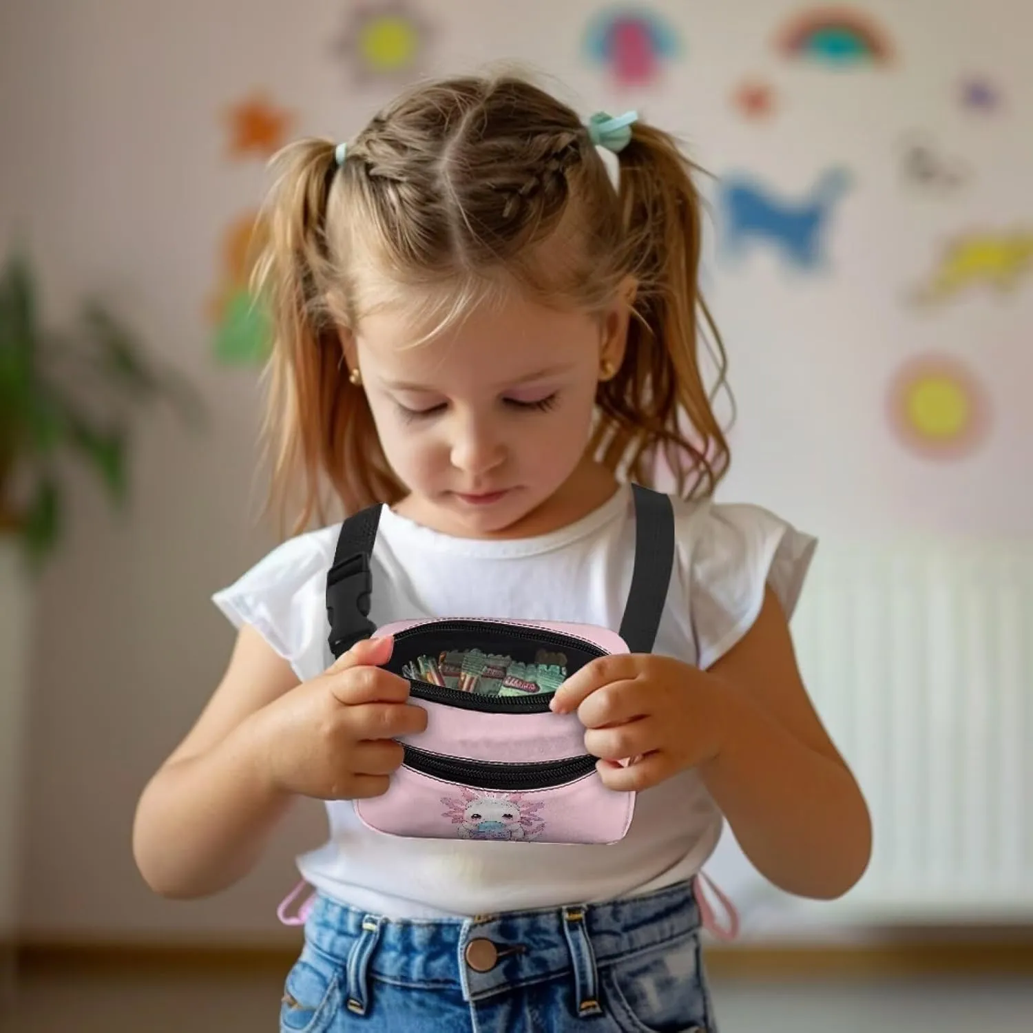 Kuiaobaty Girls Fanny Pack for Kids 4-6 Cute Axolotl Easter Eggs Pattern Waist Bag for Travel Large Capacity Belt Bag with Adjustable Straps
