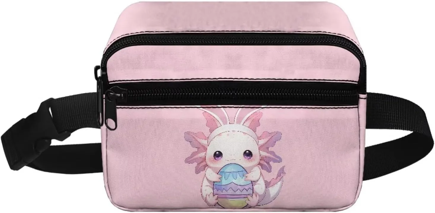Kuiaobaty Girls Fanny Pack for Kids 4-6 Cute Axolotl Easter Eggs Pattern Waist Bag for Travel Large Capacity Belt Bag with Adjustable Straps