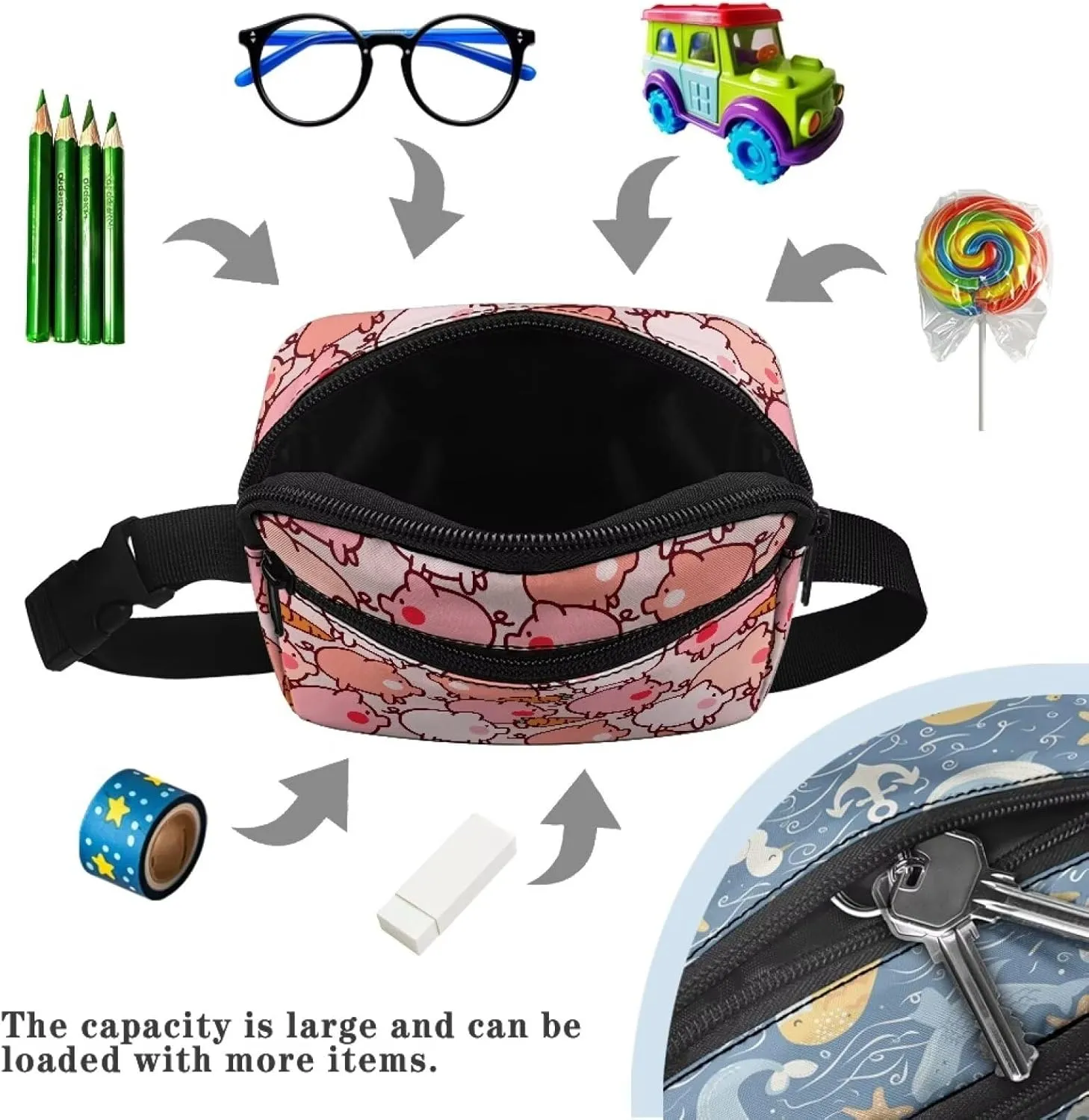 Kuiaobaty Girls Mini Belt Bag with Adjustable Strap Cute Cartoon Pink Pig Waist Pack Small Fanny Pack for School Running Traveling Hiking