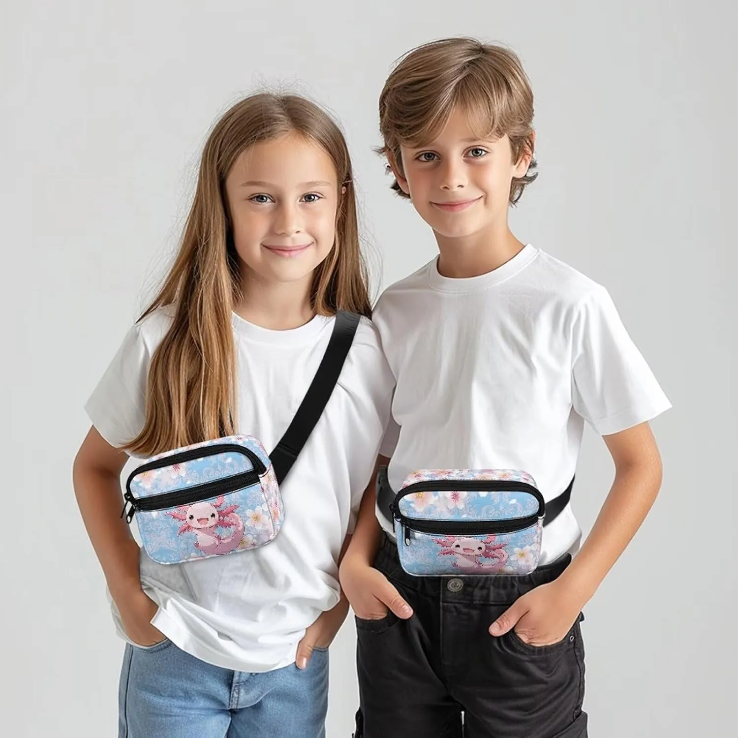 Kuiaobaty Kawaii Axolotl Fanny Pack for Girls Toddler Kids Mini Belt Bag with Zipper Pockets Pink Cherry Blossom Waist Bag for Travelling Running Hiking Casual