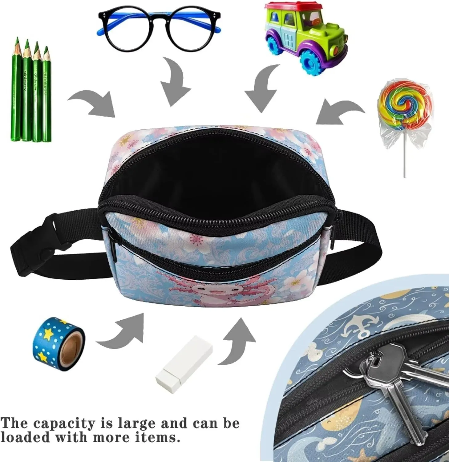 Kuiaobaty Kawaii Axolotl Fanny Pack for Girls Toddler Kids Mini Belt Bag with Zipper Pockets Pink Cherry Blossom Waist Bag for Travelling Running Hiking Casual