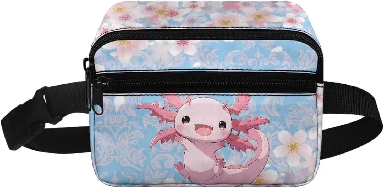 Kuiaobaty Kawaii Axolotl Fanny Pack for Girls Toddler Kids Mini Belt Bag with Zipper Pockets Pink Cherry Blossom Waist Bag for Travelling Running Hiking Casual