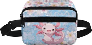 Kuiaobaty Kawaii Axolotl Fanny Pack for Girls Toddler Kids Mini Belt Bag with Zipper Pockets Pink Cherry Blossom Waist Bag for Travelling Running Hiking Casual