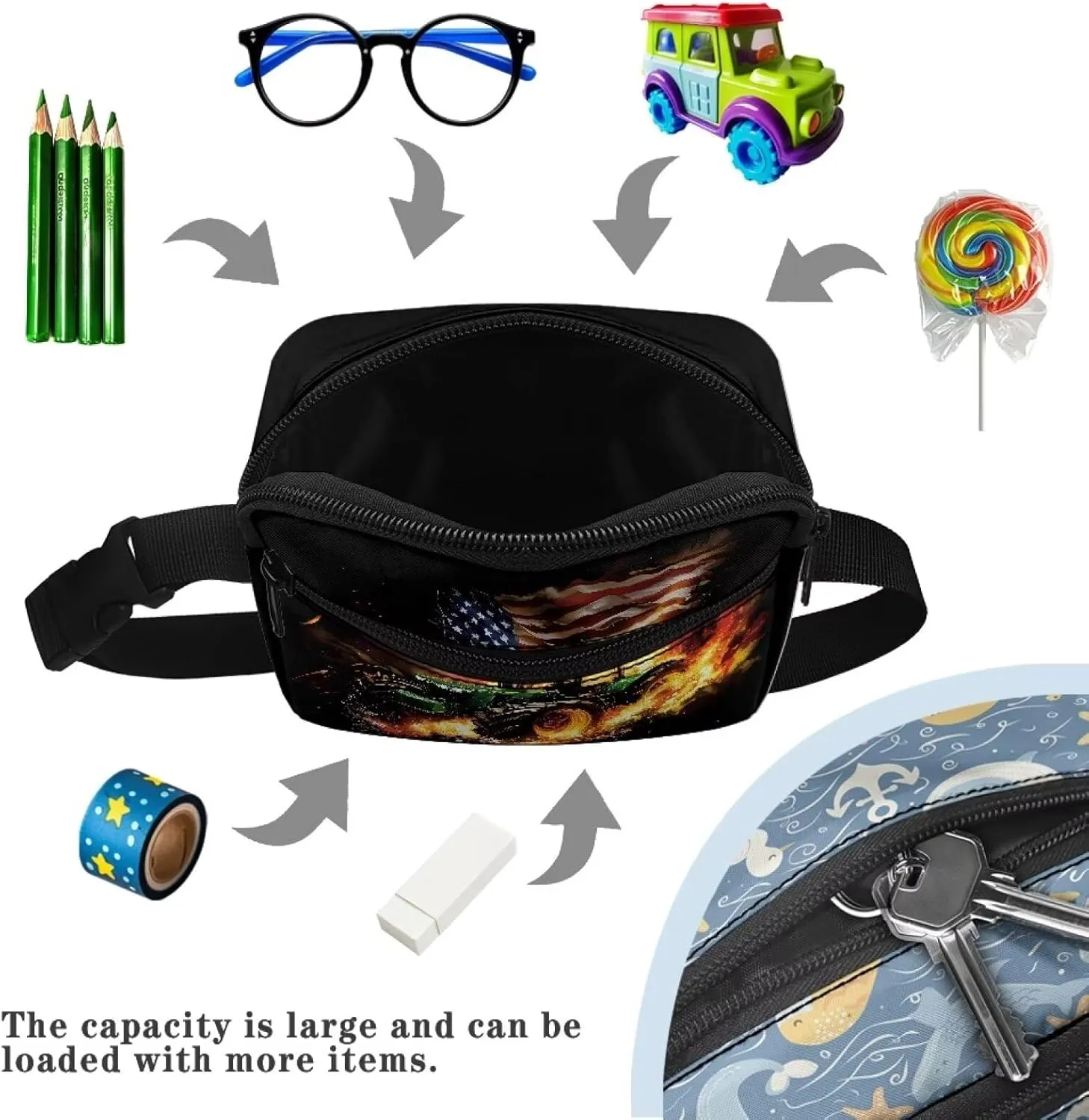 Kuiaobaty Kids Fanny Pack Boys American Flag Flame Truck Print Small Waist Pack Belt Waist Bag with Adjustable Strap for Children Sport Running, Camping
