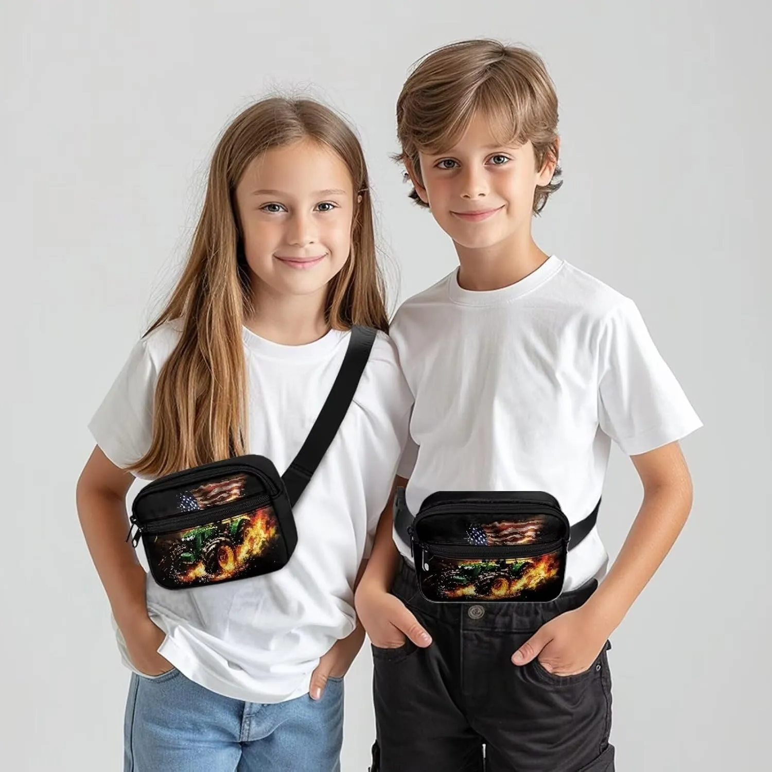 Kuiaobaty Kids Fanny Pack Boys American Flag Flame Truck Print Small Waist Pack Belt Waist Bag with Adjustable Strap for Children Sport Running, Camping