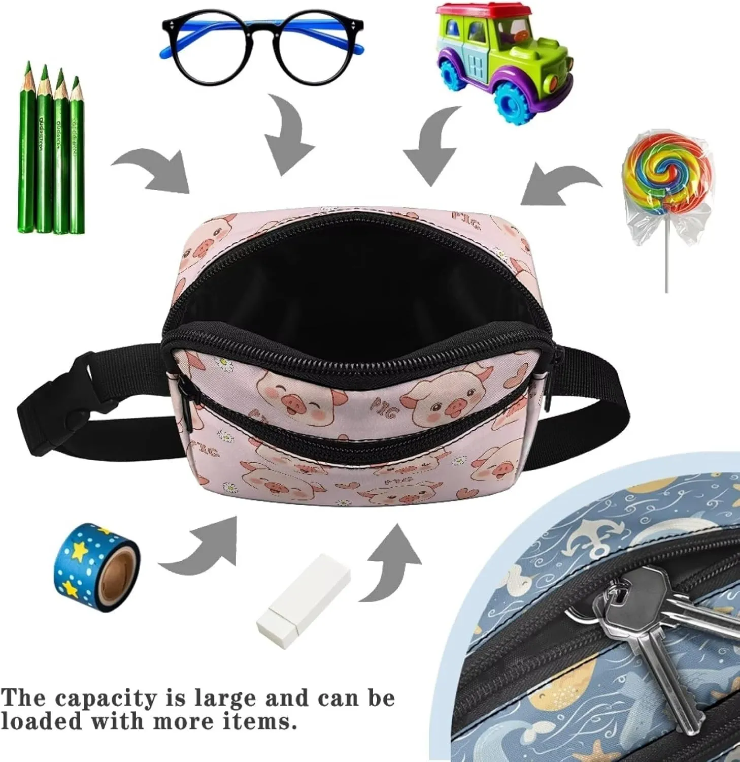 Kuiaobaty Kids Fanny Pack for Girls Travel Small Waist Bag Crossbody Belt Bag for Little Girls Toddler Cute Cartoon Pink Pig Fanny Bag