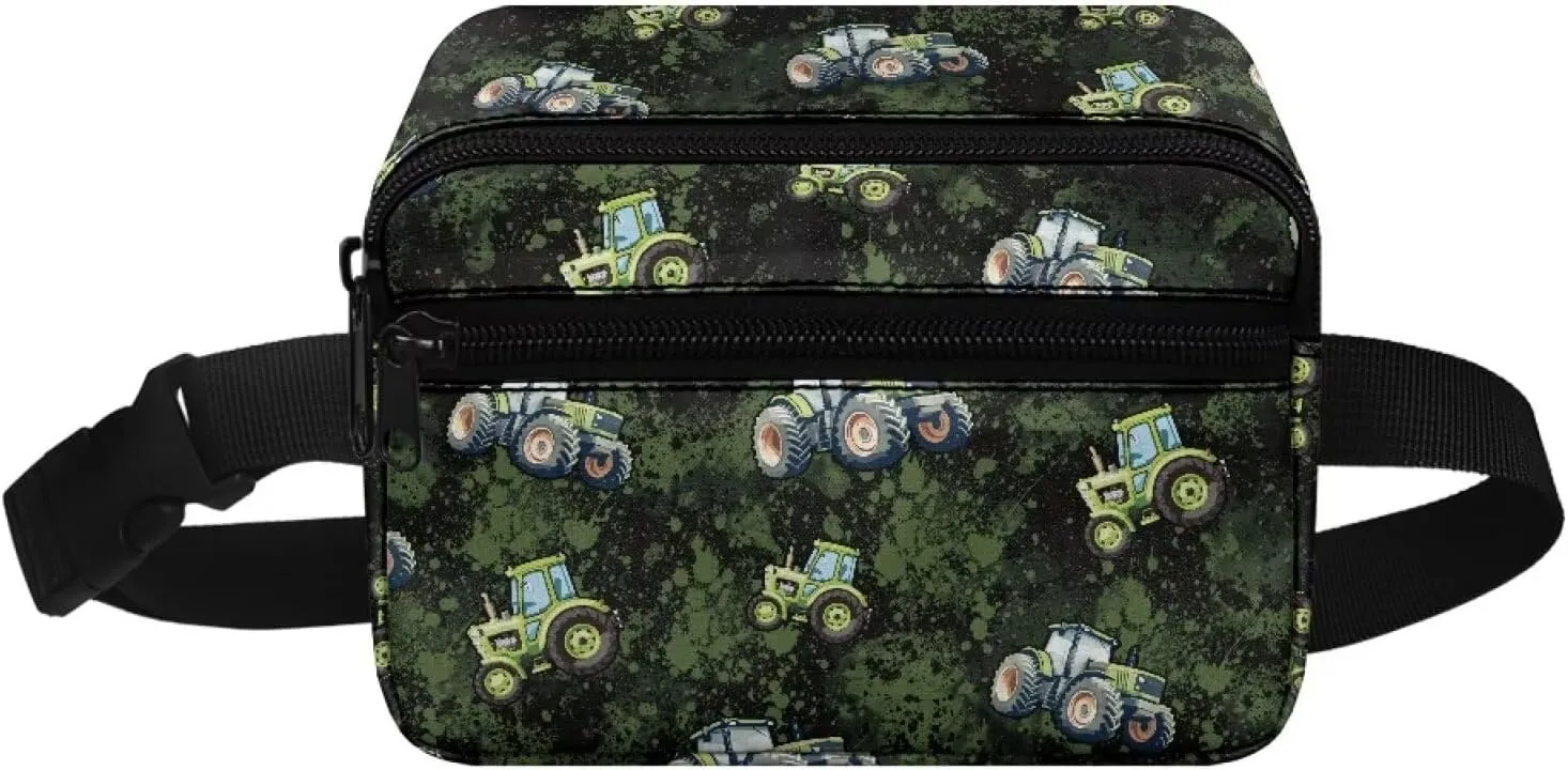 Kuiaobaty Kids Fanny Pack for Toddler Boys Cartoon Green Tractor Waist Chest Bag Adjustable Belt Chest Shoulder Pack Casual Bag Bum Bags for Running Hiking Travel Holiday