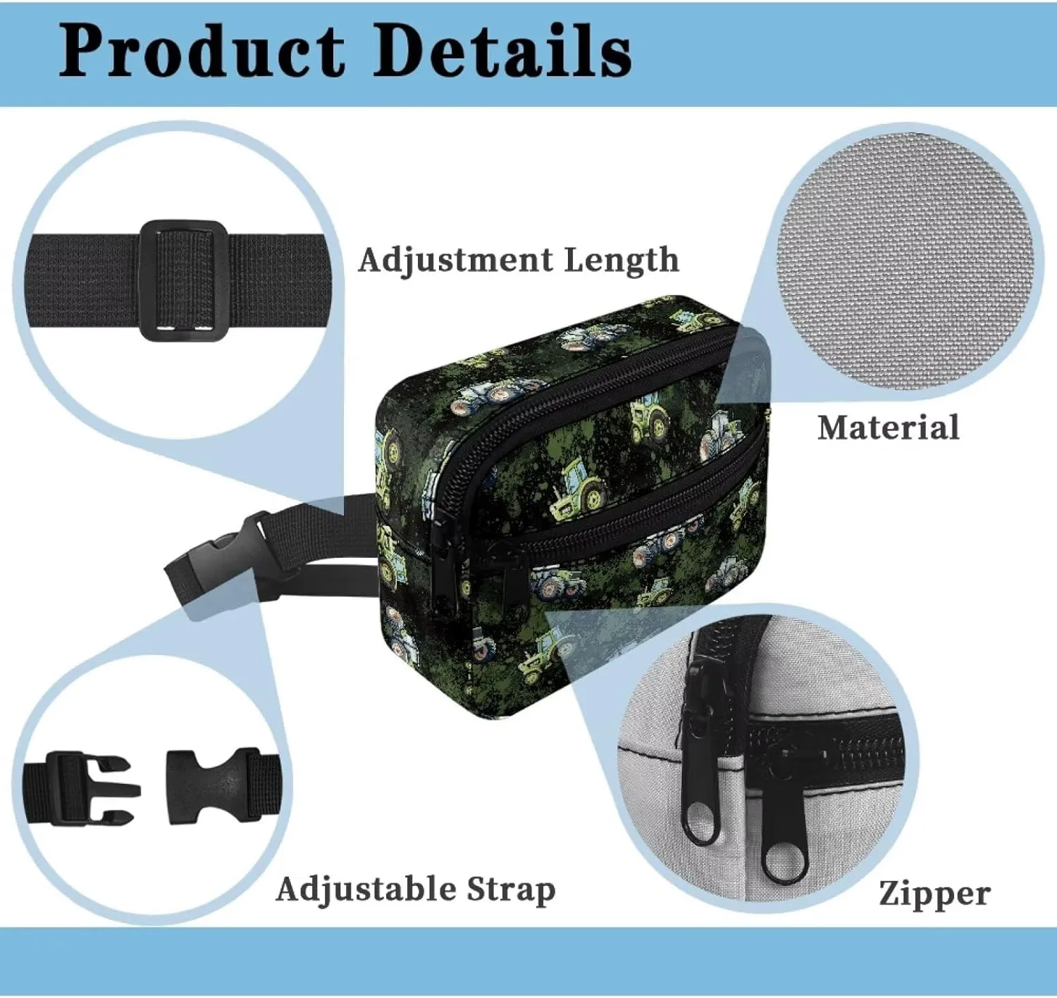 Kuiaobaty Kids Fanny Pack for Toddler Boys Cartoon Green Tractor Waist Chest Bag Adjustable Belt Chest Shoulder Pack Casual Bag Bum Bags for Running Hiking Travel Holiday