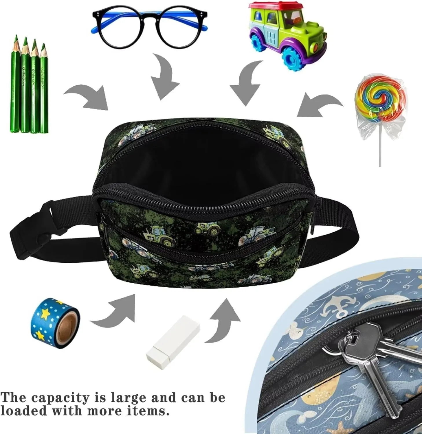 Kuiaobaty Kids Fanny Pack for Toddler Boys Cartoon Green Tractor Waist Chest Bag Adjustable Belt Chest Shoulder Pack Casual Bag Bum Bags for Running Hiking Travel Holiday