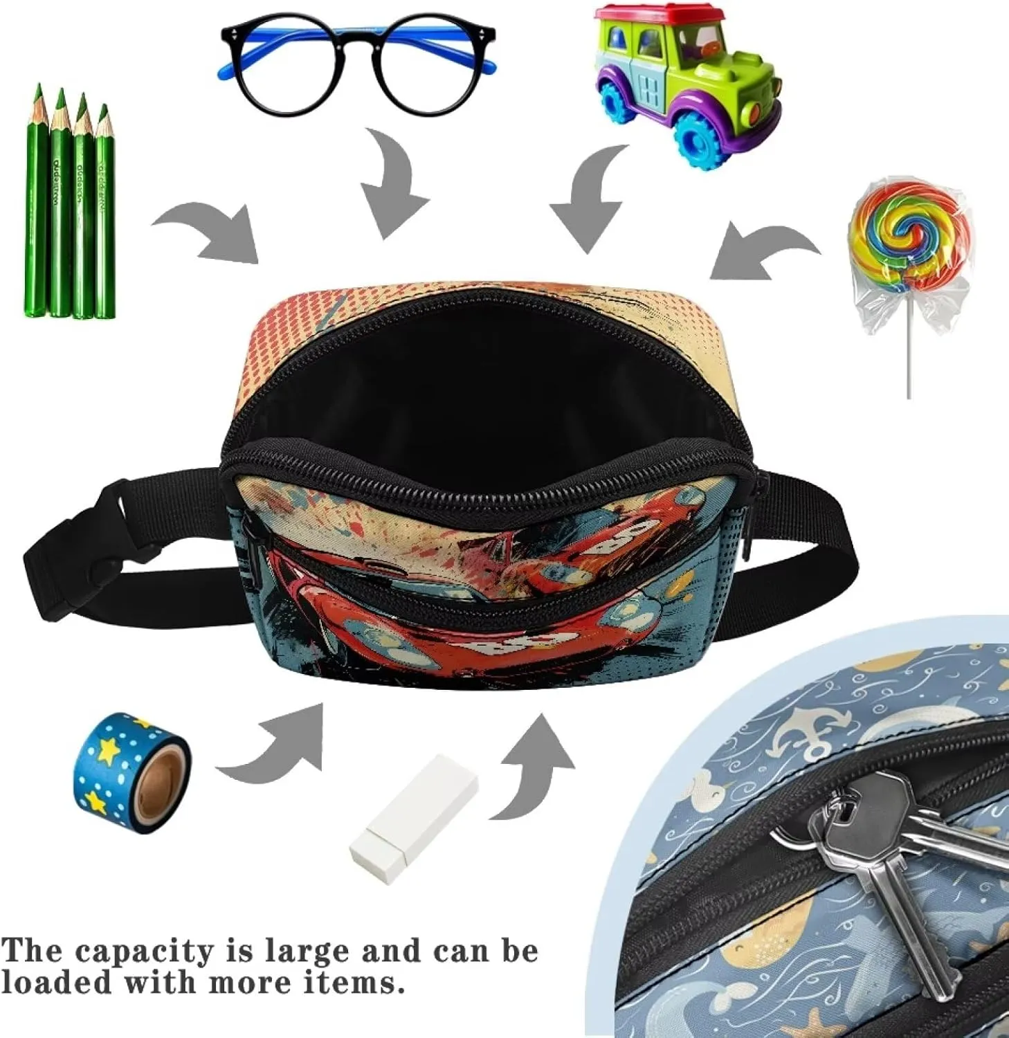 Kuiaobaty Toddler Boys Fanny Pack Waist Bag Cute Red Race Car Printed Travel Portable Belt Bag for Hiking Kids Crossbody Bags with Zipper Pockets