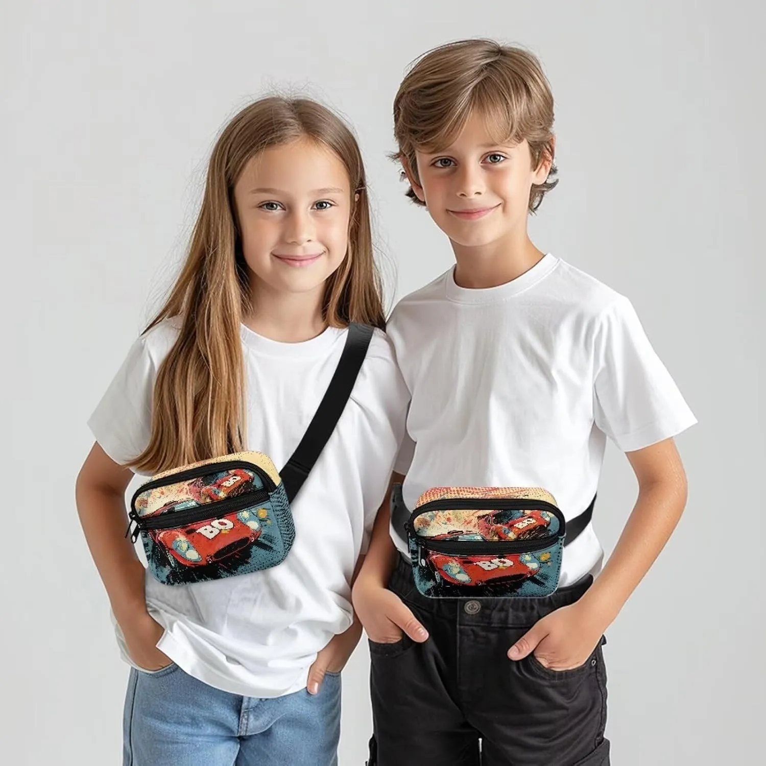 Kuiaobaty Toddler Boys Fanny Pack Waist Bag Cute Red Race Car Printed Travel Portable Belt Bag for Hiking Kids Crossbody Bags with Zipper Pockets