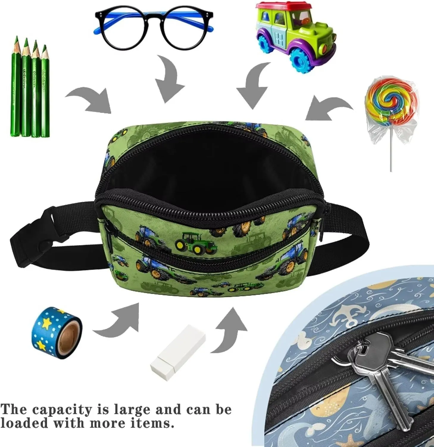 Kuiaobaty Toddler Kids Fanny Pack for Boys Green Cartoon Tractor Pattern Kids Belt Bag for Boys with Adjustable Belt Kids Waist Pack for Little Boys