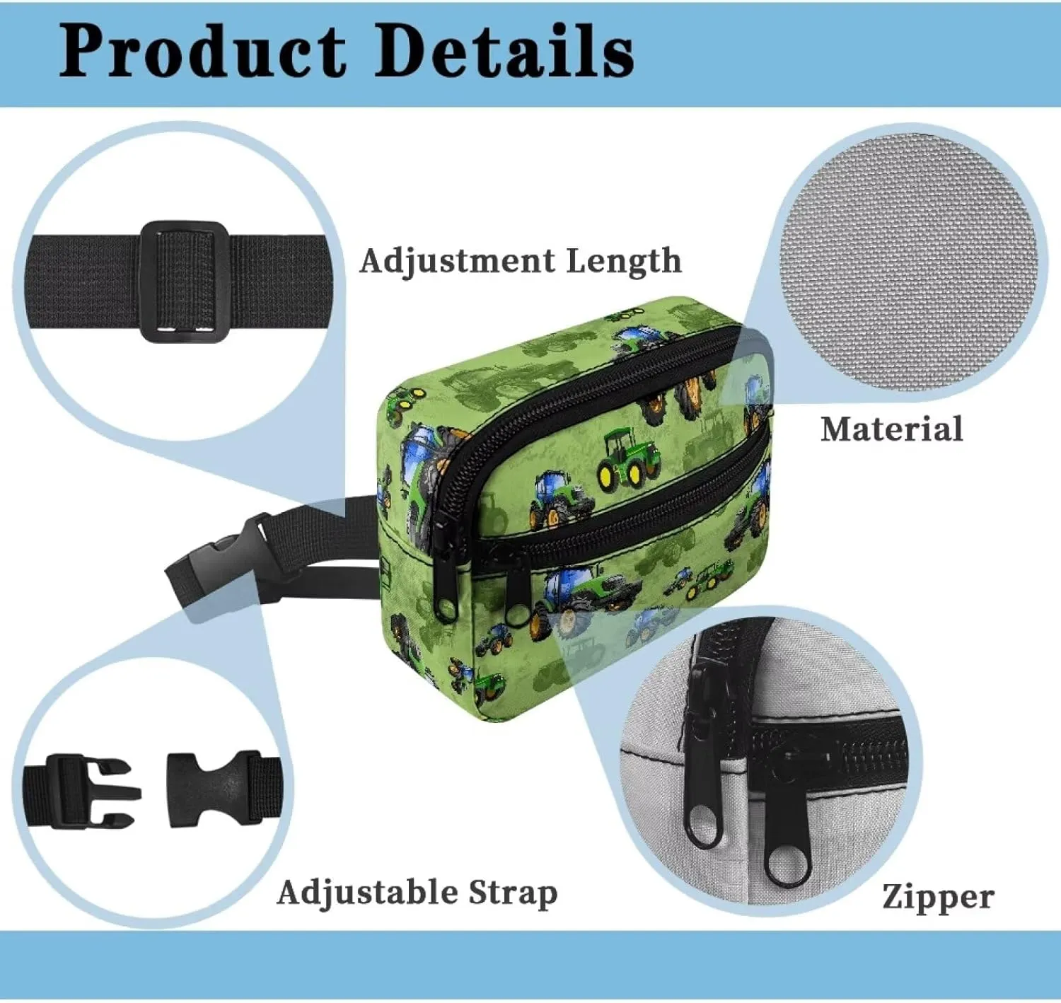 Kuiaobaty Toddler Kids Fanny Pack for Boys Green Cartoon Tractor Pattern Kids Belt Bag for Boys with Adjustable Belt Kids Waist Pack for Little Boys