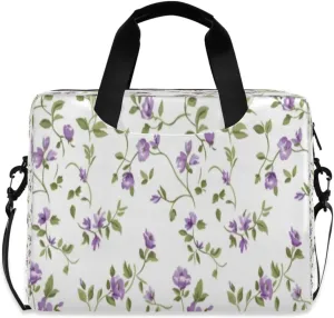 Laptop Bag for Women - Fits 16 inch with Laptop Compartment Carrying Messenger Sleeve with Strap Professional Fashion Travel Purse for Business Office Bag Purple Flowers and Green Leaves