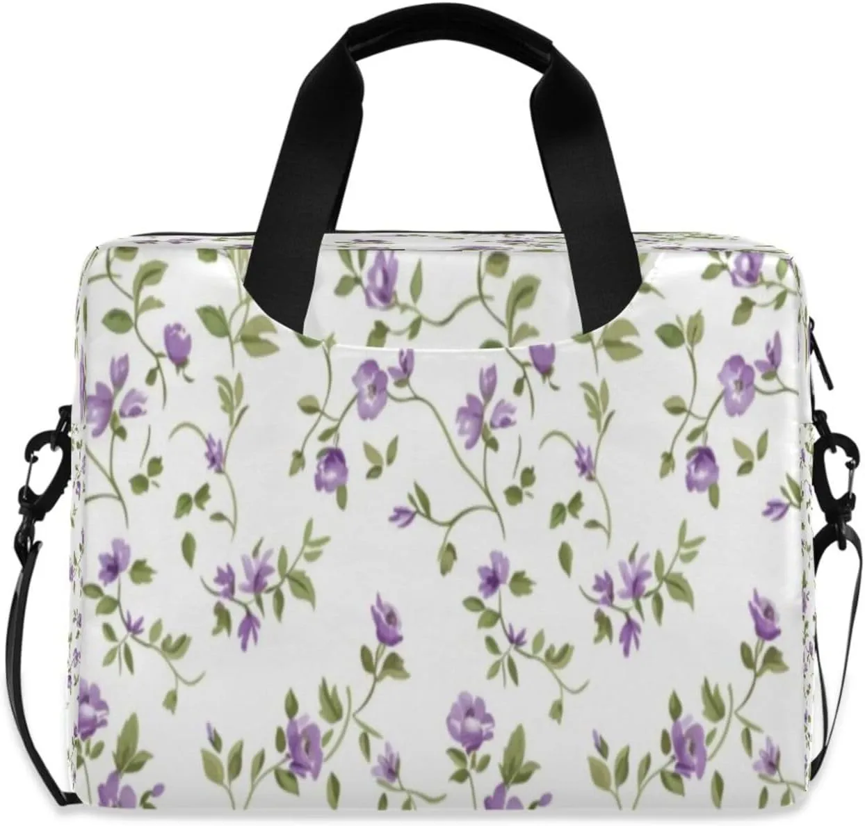 Laptop Bag for Women - Fits 16 inch with Laptop Compartment Carrying Messenger Sleeve with Strap Professional Fashion Travel Purse for Business Office Bag Purple Flowers and Green Leaves