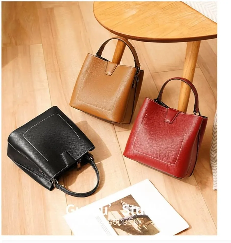 Leather Bucket Small Bag Women's Fashion Lychee Grain First Layer Leather Portable Shoulder Bag Messenger Bag Women(Gray)