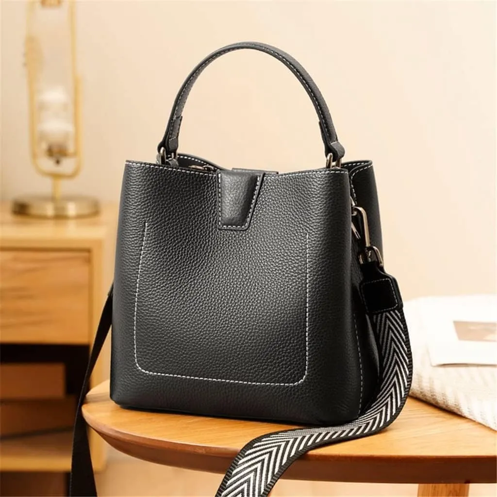 Leather Bucket Small Bag Women's Fashion Lychee Grain First Layer Leather Portable Shoulder Bag Messenger Bag Women(Gray)