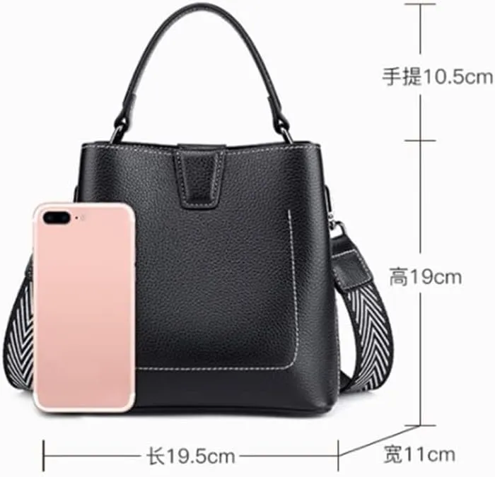Leather Bucket Small Bag Women's Fashion Lychee Grain First Layer Leather Portable Shoulder Bag Messenger Bag Women(Gray)