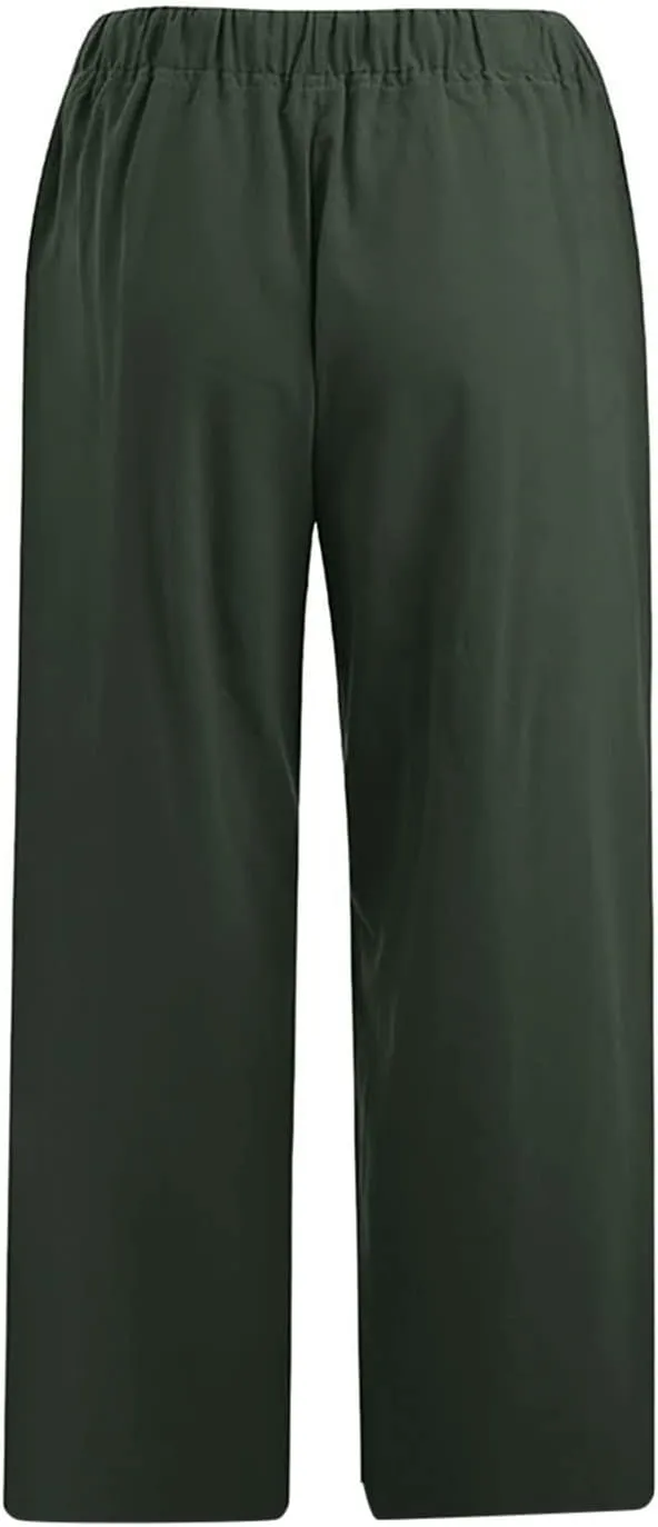 Linen Pants Women 2024 Summer Trendy Straight Leg Capri Pants Elastic Waist High Waisted Trousers with Pocket