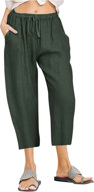 Linen Pants Women 2024 Summer Trendy Straight Leg Capri Pants Elastic Waist High Waisted Trousers with Pocket