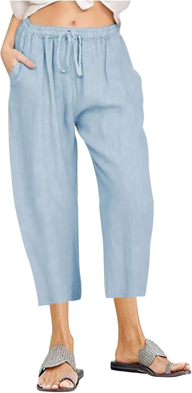 Linen Pants Women 2024 Summer Trendy Straight Leg Capri Pants Elastic Waist High Waisted Trousers with Pocket