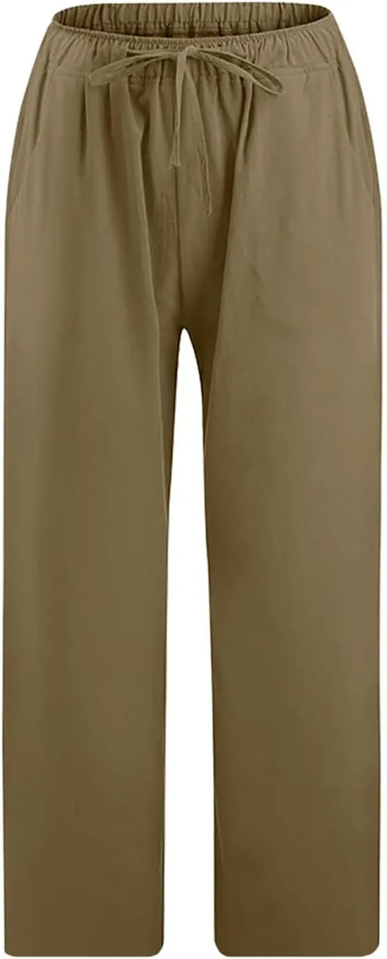 Linen Pants Women 2024 Summer Trendy Straight Leg Capri Pants Elastic Waist High Waisted Trousers with Pocket