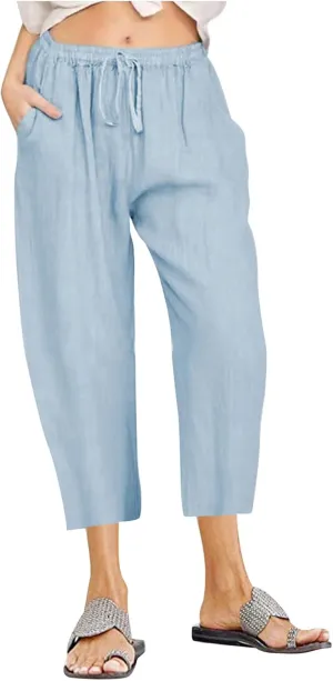Linen Pants Women 2024 Summer Trendy Straight Leg Capri Pants Elastic Waist High Waisted Trousers with Pocket