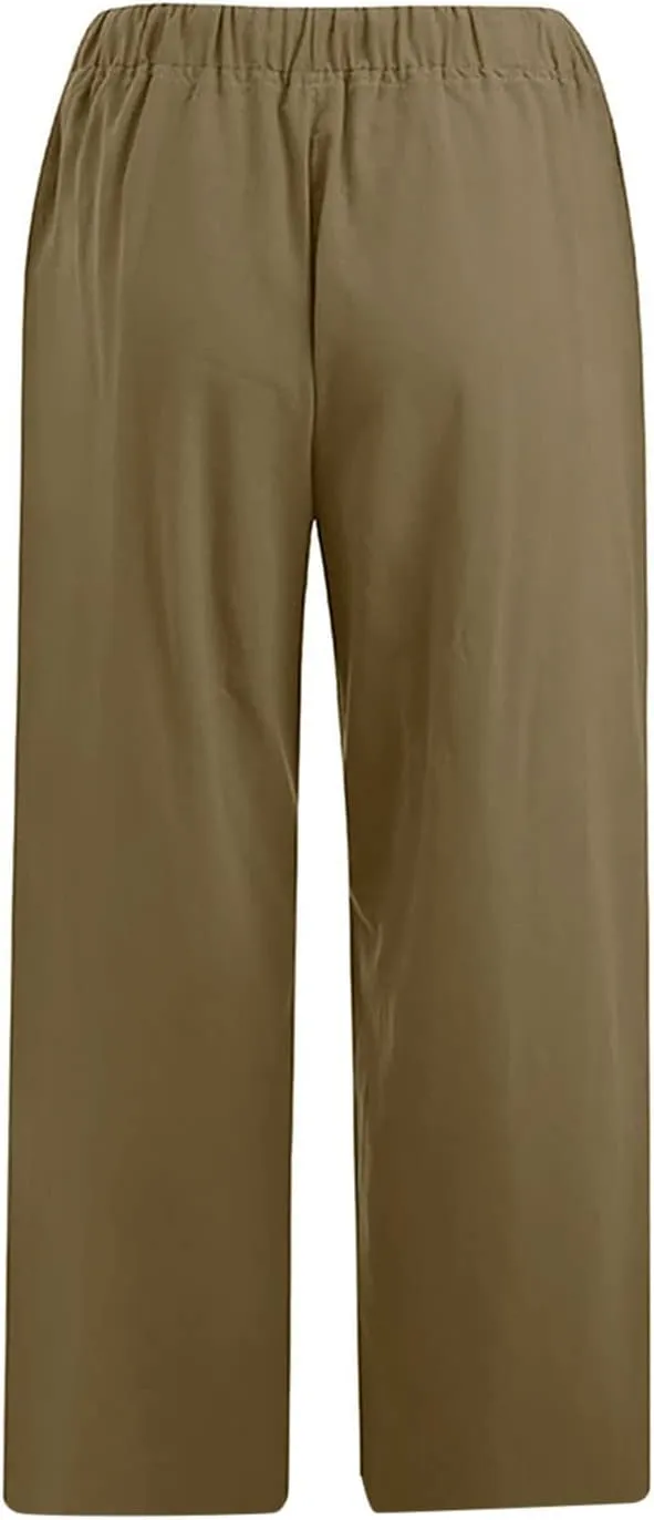 Linen Pants Women 2024 Summer Trendy Straight Leg Capri Pants Elastic Waist High Waisted Trousers with Pocket
